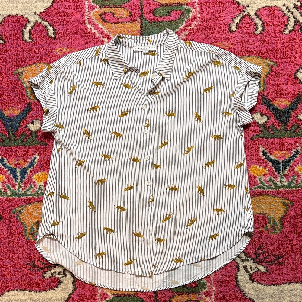 Jane and Delancey White Pinstripe Button-Down with Mustard Animal Print